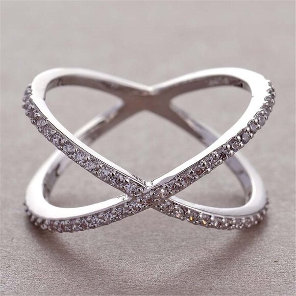 🎀 X Shape Manufactures Two Lines Cross Zircon Ring for Women, PD125 - Picture 1 of 8